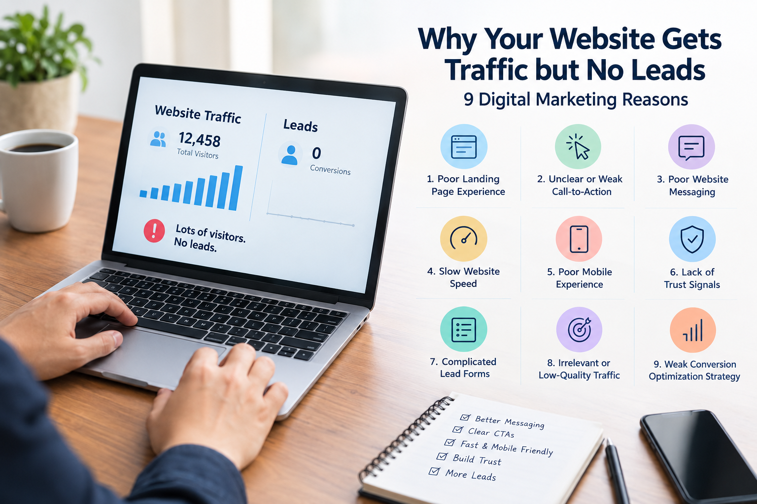 Website traffic but no leads showing nine digital marketing conversion problems