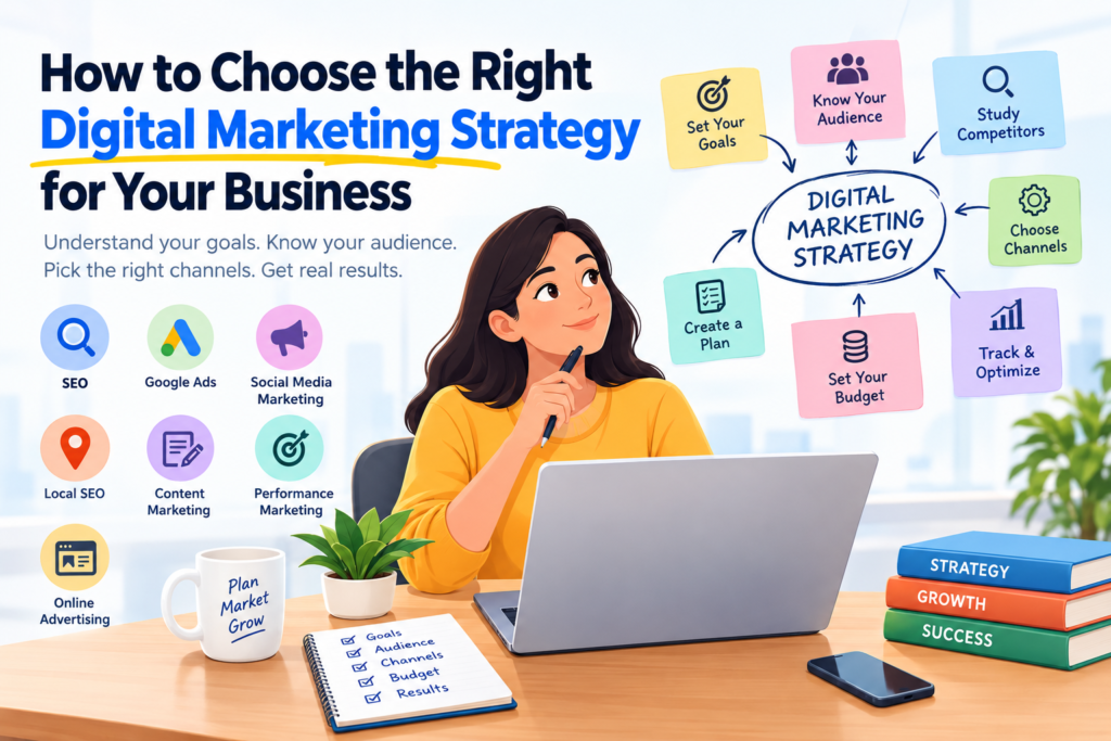 Illustration of how to choose the right digital marketing strategy for your business, including SEO, Google Ads, social media, and content marketing.