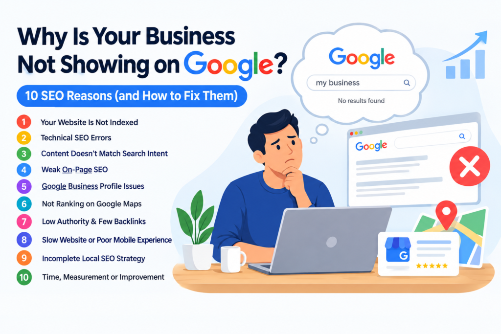Illustration showing why a business is not showing on Google and 10 common SEO issues affecting search visibility.
